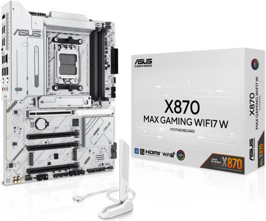 Asus X870 Max Gaming Wi-Fi 7 ATX Motherboard, AM5 Socket, 4× DDR5 DIMM, Max 256GB Memory, Wi-Fi 7, Bluetooth, White
