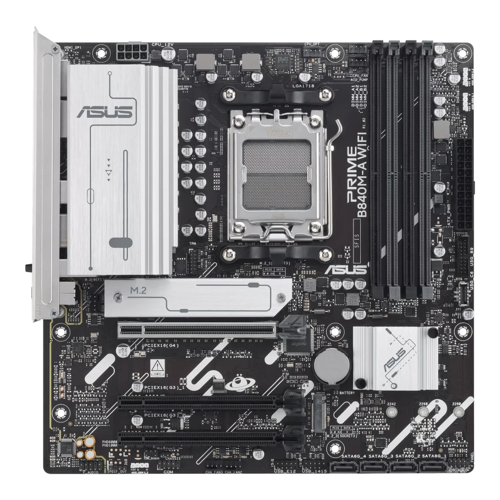 ASUS M/B PRIME B840M-A WIFI Motherboard, AM5 Socket, WiFi 6E, USB 5Gbps Type-C, Aura Sync
