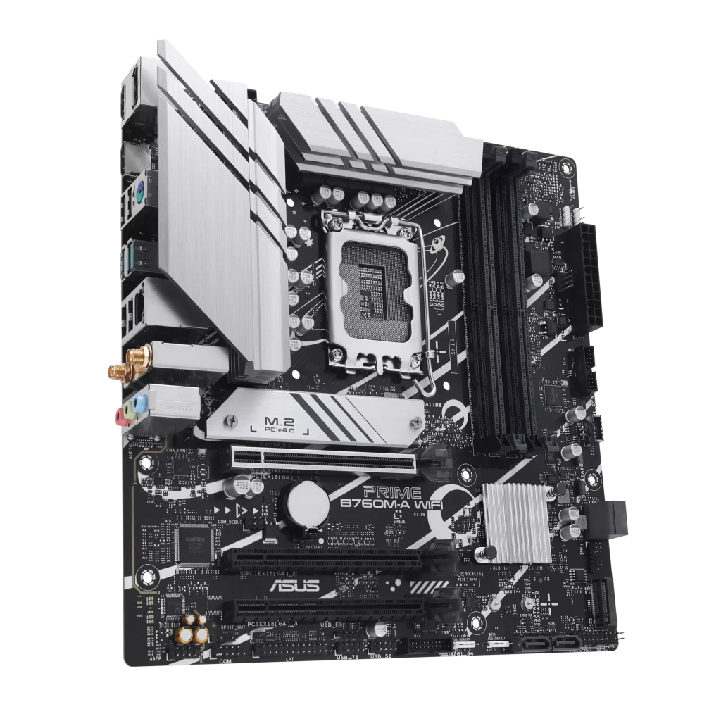 ASUS PRIME B760M-A WIFI Intel® B760 (LGA 1700) mATX Mortheboard with PCIe 4.0, DDR5, two M.2 slots, Realtek 2.5Gb Ethernet, Wi-Fi 6, DisplayPort, Dual HDMI™, SATA 6 Gbps, rear USB 3.2 Gen 2, front USB 3.2 Gen 1 Type-C®, Aura Sync