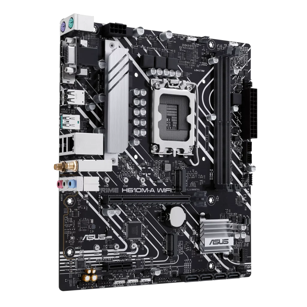 ASUS PRIME H610M-A WIFI Intel® H610 (LGA 1700) mATX motherboard with DDR5,PCIe 4.0, dual M.2 slots, Intel® 1Gb Ethernet, WIFI 5, DisplayPort, HDMI™, VGA, USB 3.2 Gen 2 ports, Addressable Gen 2 Headers