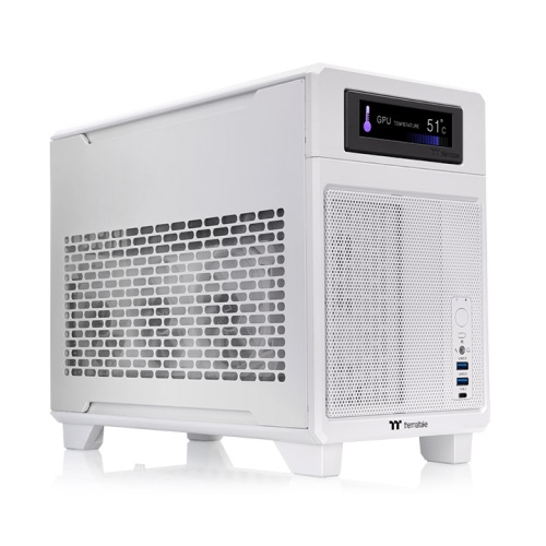 Thermaltake TR100 Mini Tower Chassis, Portable Design with Optional Suitcase Kit, Included High-Speed PCIe 4.0 Riser Cable, 280mm AIO Liquid Cooling Support, White