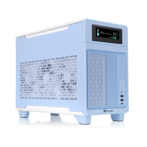 Thermaltake TR100 Mini Tower Chassis, Portable Design with Optional Suitcase Kit, Included High-Speed PCIe 4.0 Riser Cable, 280mm AIO Liquid Cooling Support, Hydrangea Blue