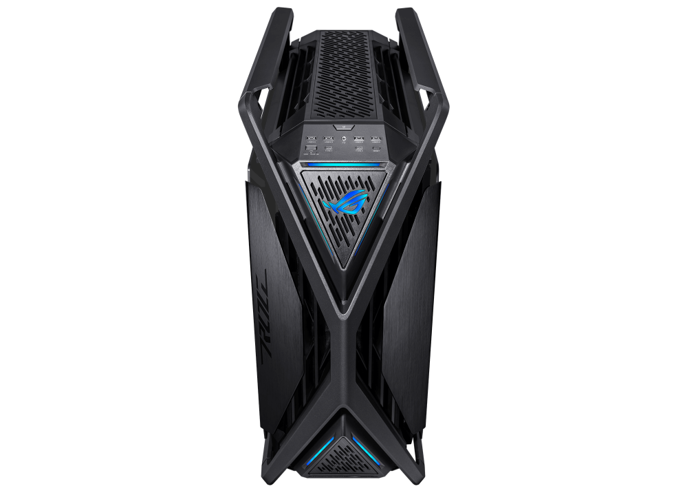 ASUS ROG Hyperion GR701 E-ATX computer case, 420 mm dual radiator support, four 140 mm fans, metal GPU holder, component storage, ARGB fan hub, 60W fast charging, Black