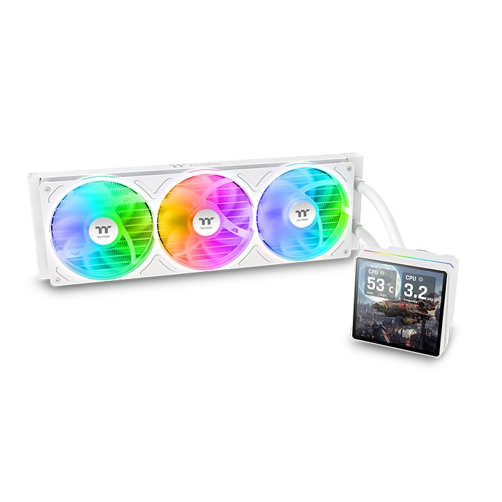 Thermaltake TH360 V3 Ultra ARGB Sync Snow Edition All-In-One Liquid Cooler, stylish square pump head with 3.95” LCD display, 360ARGB Fan, White