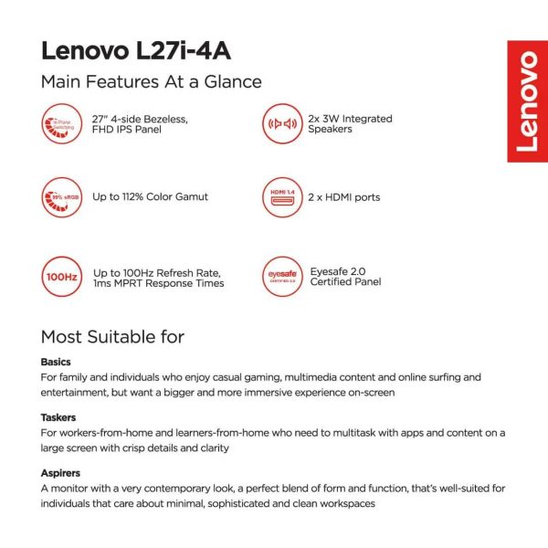 Lenovo L27i-4A 27" Monitor, IPS panel, 100Hz refresh rate, 1ms MPRT Response Time, 99% sRGB color coverage, Silver - Image 6