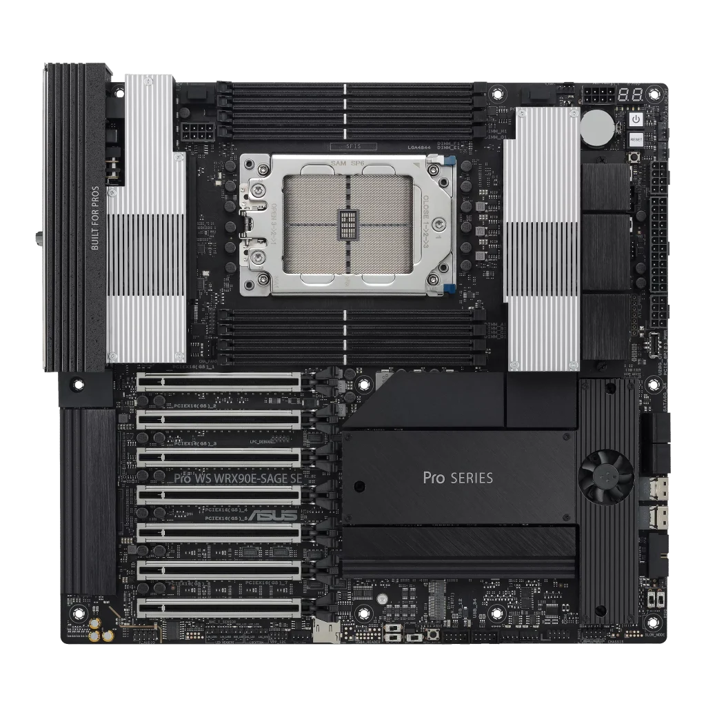 ASUS Pro WS WRX90E-SAGE SE AMD sTR5 EEB workstation motherboard, 7 PCIe 5.0 x16 slots, multi-GPU support, robust 32+3+3+3 power-stage design, CPU and memory overclocking ready, 4 PCIe 5.0 M.2 slots, dual 10 Gb LAN, PCIe Q-Release Slim