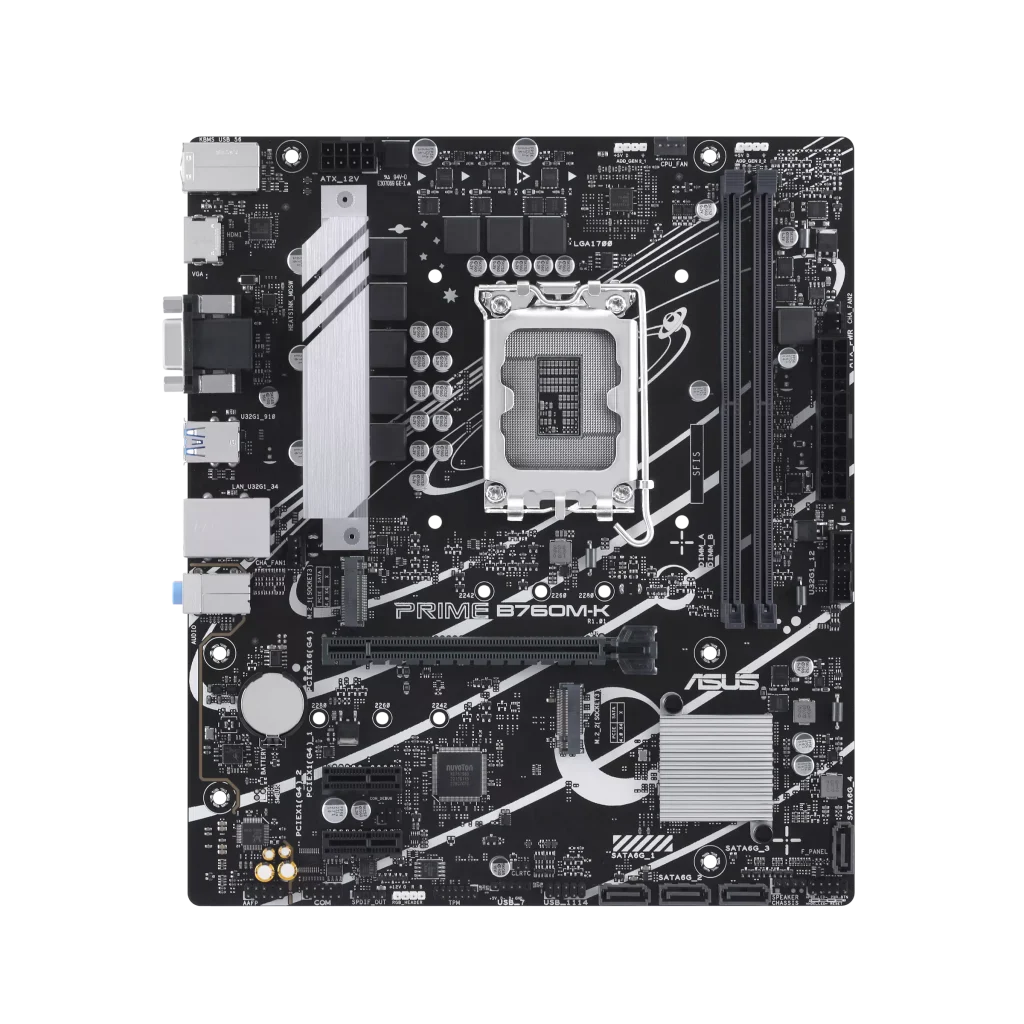 ASUS Prime B760M-K Intel® B760 LGA 1700 mATX Motherboard with PCIe 4.0, two PCIe 4.0 M.2 slots, DDR5, Realtek 2.5Gb Ethernet, VGA, HDMI™, SATA 6 Gbps, front USB 3.2 Gen 1, Aura Sync