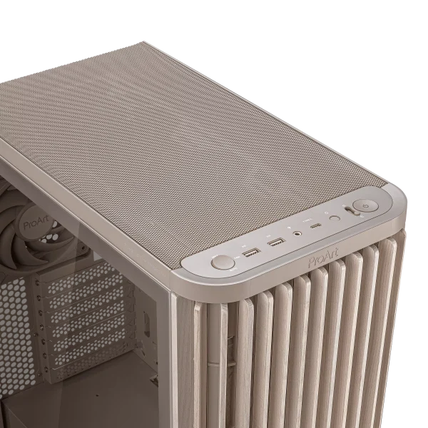 ASUS ProArt PA401 Wood Edition Beige - Tempered Glass Panel, Build-in two 160mm front fans and one 120mm rear fan, along with an integrated fan hub, - Image 2