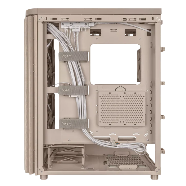 ASUS ProArt PA401 Wood Edition Beige - Tempered Glass Panel, Build-in two 160mm front fans and one 120mm rear fan, along with an integrated fan hub, - Image 5