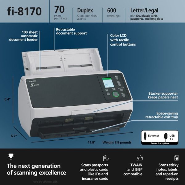 Ricoh FI-8170 High Speed Desktop Document Scanner, Double-sided scanning of up to 70 pages per minute, White - Image 4