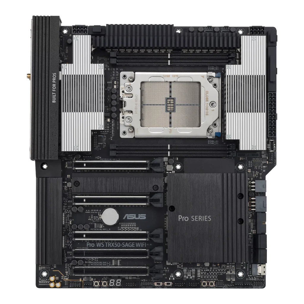 ASUS Pro WS TRX50-SAGE WIFI AMD TR5 CEB workstation motherboard, CPU and memory overclocking ready, robust 36 power-stage design, PCIe 5.0 x 16, PCIe 5.0 M.2, 10 Gb and 2.5 Gb LAN, multi-GPU support