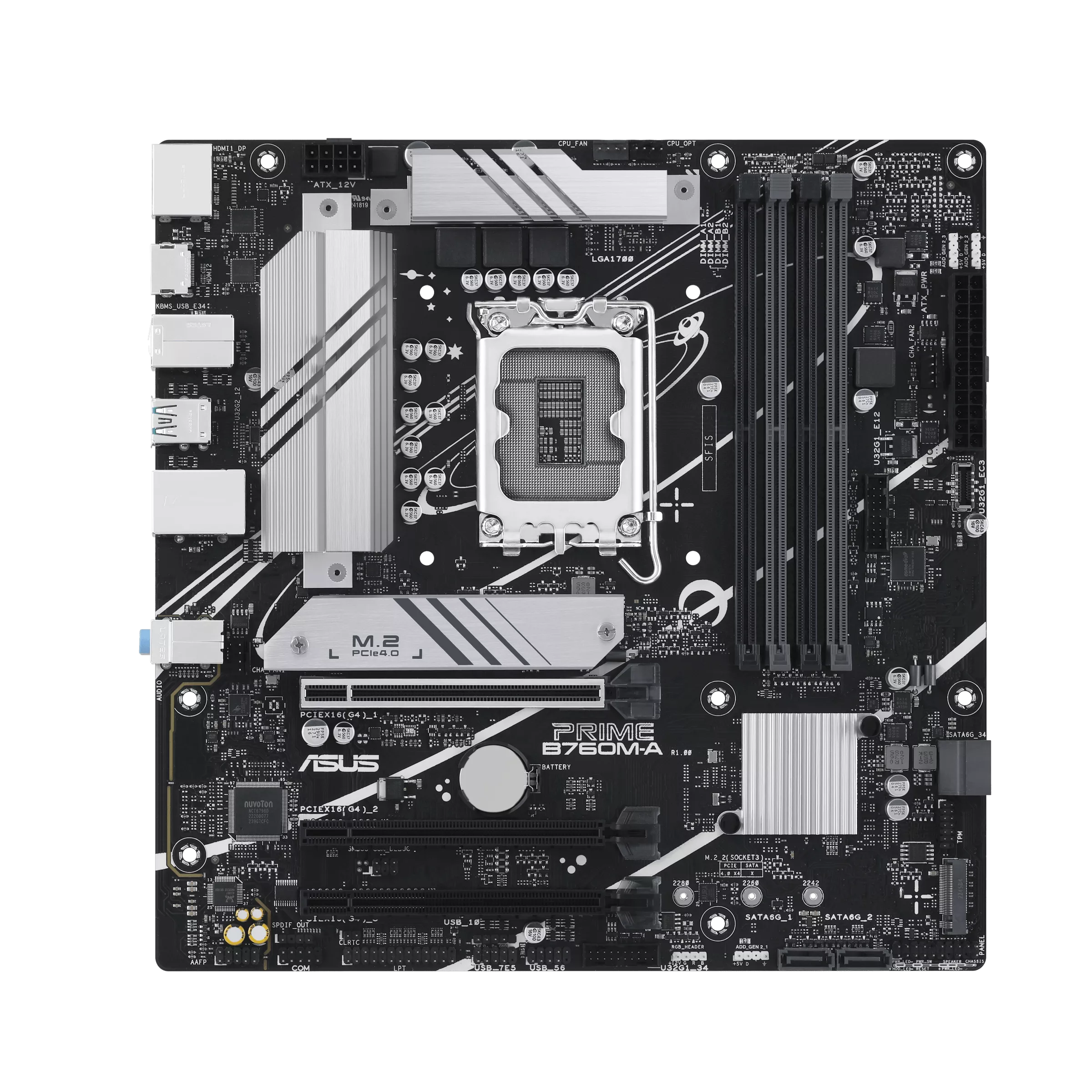 fwebp ASUS PRIME B760M-A-CSM Intel® B760 (LGA 1700) mATX motherboard with PCIe 4.0, DDR5, two M.2 slots, Realtek 2.5Gb Ethernet, DisplayPort, Dual HDMI™, SATA 6 Gbps, rear USB 3.2 Gen 2, front USB 3.2 Gen 1 Type-C®, Aura Sync - Image 1