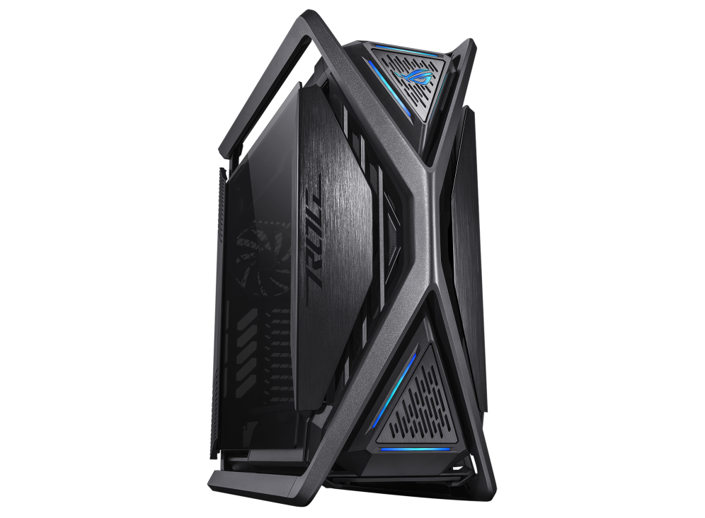 ASUS ROG Hyperion GR701 E-ATX computer case, 420 mm dual radiator support, four 140 mm fans, metal GPU holder, component storage, ARGB fan hub, 60W fast charging, Black
