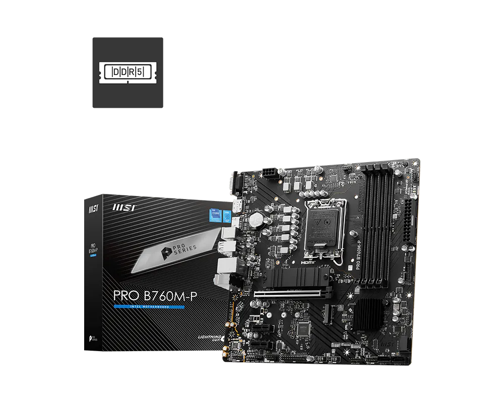 MSI PRO B760M-P Motherboard, Lightning Gen 4 PCI-e with Steel Armor, Supports DDR5 Memory, Dual Channel DDR5 6800+MHz (OC), Black