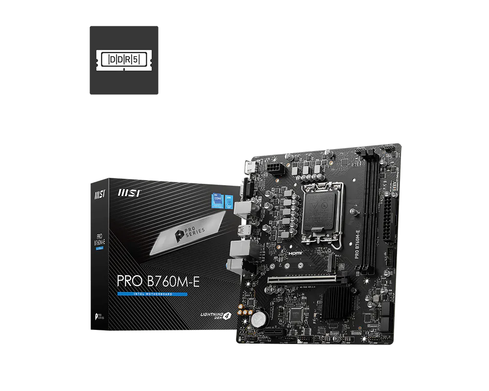 MSI PRO B760M-E Motherboard, Lightning Gen 4 PCI-e with Steel Armor, Supports DDR5 Memory, Dual Channel DDR5 6400+MHz (OC), Black