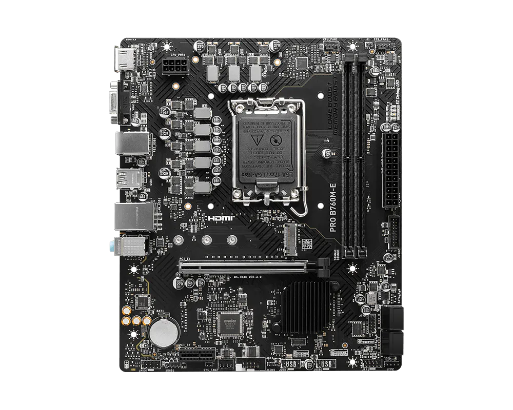 MSI PRO B760M-E Motherboard, Lightning Gen 4 PCI-e with Steel Armor, Supports DDR5 Memory, Dual Channel DDR5 6400+MHz (OC), Black