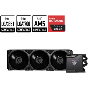 MSI MEG CORELIQUID S360 Liquid Cooler, 2.4” IPS display, 60mm fan is placed within the water block, MSI’S MEG SILENT GALE P12, Black
