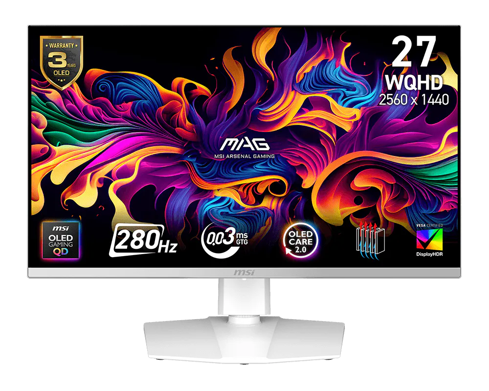 MSI MAG 272QPW QD-OLED X28 27″ Gaming Monitor, 2560×1440 (WQHD) QD-OLED panel, 280Hz refresh rate, rapid 0.03ms (GtG) response time, HDMI™ 2.1, White