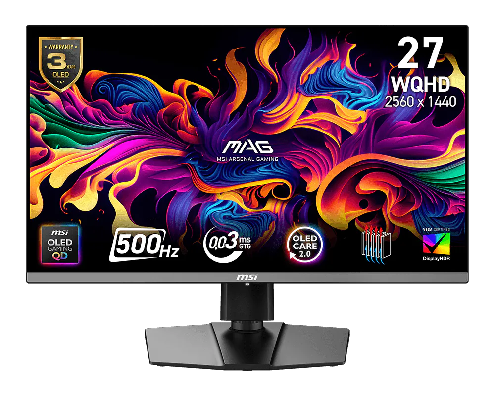 MSI MAG 272QP QD-OLED X50 27″ Gaming Monitor, 3rd-gen QD-OLED panel , 500Hz refresh rate, 0.03ms (GtG) response time, DisplayHDR True Black 500, HDMI 2.1 ports, Black