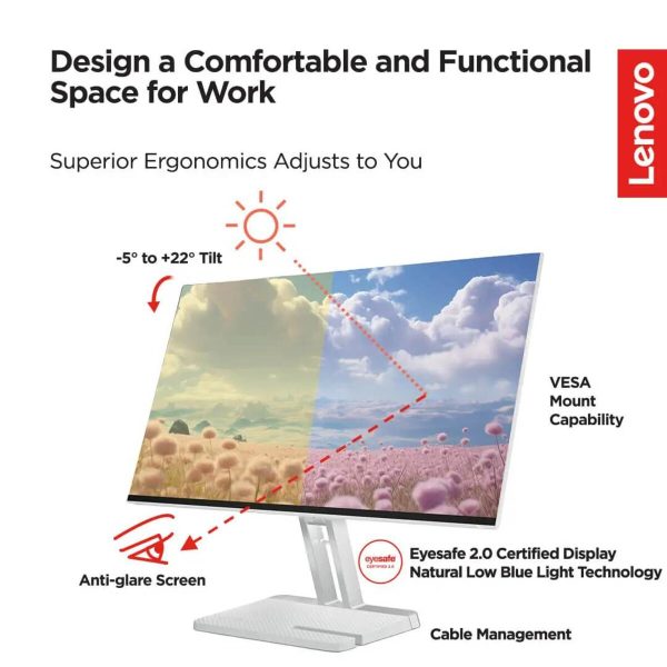 Lenovo L27i-4A 27" Monitor, IPS panel, 100Hz refresh rate, 1ms MPRT Response Time, 99% sRGB color coverage, Silver - Image 3