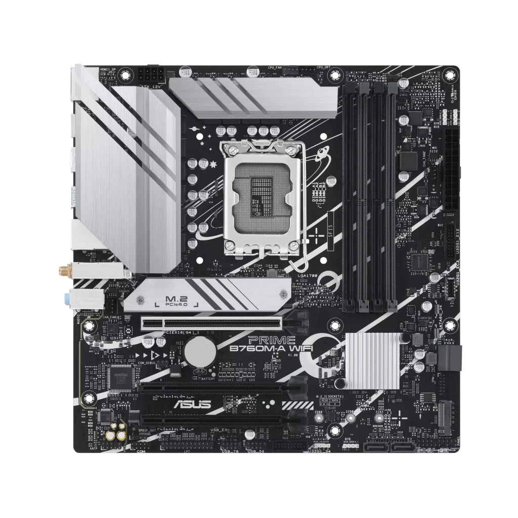 ASUS PRIME B760M-A WIFI Intel® B760 (LGA 1700) mATX Mortheboard with PCIe 4.0, DDR5, two M.2 slots, Realtek 2.5Gb Ethernet, Wi-Fi 6, DisplayPort, Dual HDMI™, SATA 6 Gbps, rear USB 3.2 Gen 2, front USB 3.2 Gen 1 Type-C®, Aura Sync