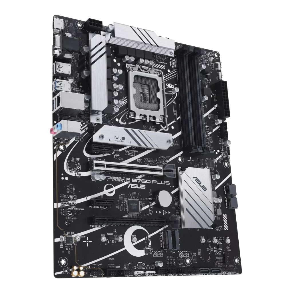 ASUS Prime B760-PLUS, an Intel® B760 LGA 1700 ATX motherboard with PCIe 5.0, three PCIe 4.0 M.2 slots, DDR5, Realtek 2.5Gb Ethernet, DisplayPort, VGA, HDMI™, SATA 6 Gbps, USB 3.2 Gen 2×2 Type-C®, front USB 3.2 Gen 1 Type-C®, Thunderbolt™ (USB4®) support, Aura Sync