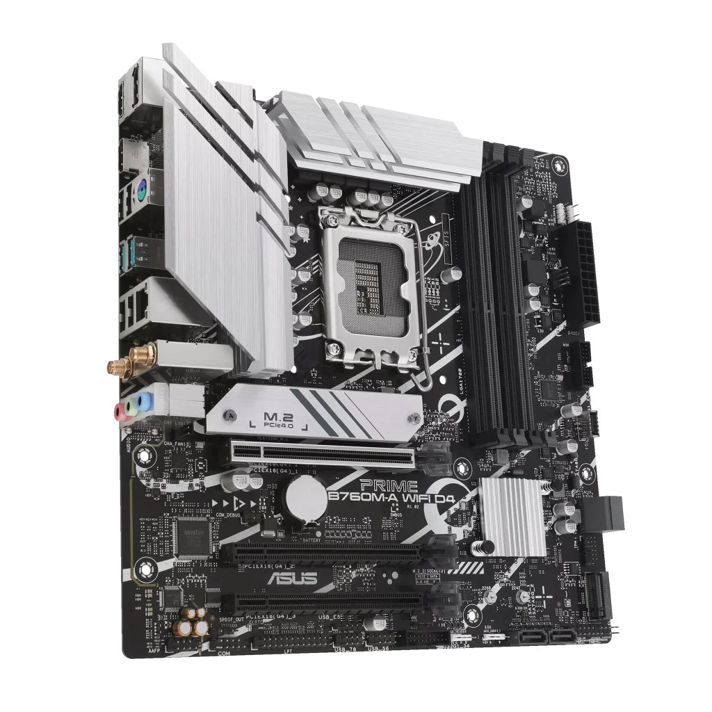 ASUS PRIME B760M-A WIFI D4 Intel® B760 (LGA 1700) mATX motherboard, PCIe 4.0, two M.2 slots, Realtek 2.5Gb Ethernet, Wi-Fi 6, DisplayPort, Dual HDMI®, SATA 6 Gbps, rear USB 3.2 Gen 2, front USB 3.2 Gen 1 Type-C®, Aura Sync