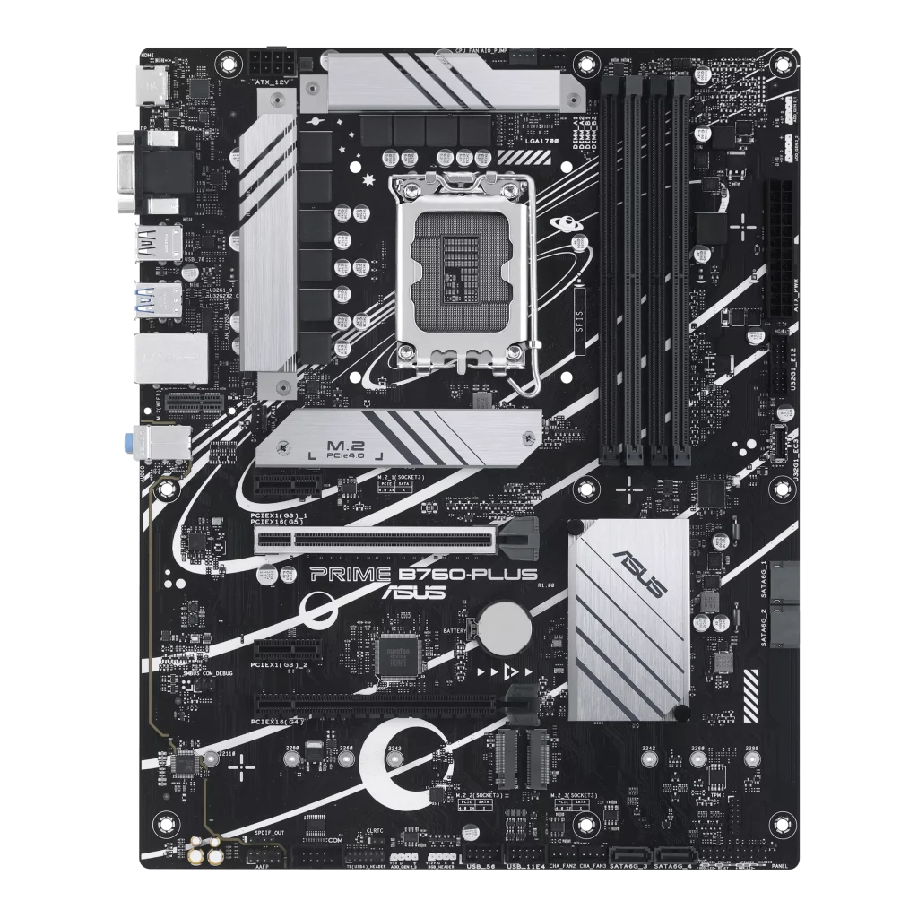ASUS Prime B760-PLUS, an Intel® B760 LGA 1700 ATX motherboard with PCIe 5.0, three PCIe 4.0 M.2 slots, DDR5, Realtek 2.5Gb Ethernet, DisplayPort, VGA, HDMI™, SATA 6 Gbps, USB 3.2 Gen 2×2 Type-C®, front USB 3.2 Gen 1 Type-C®, Thunderbolt™ (USB4®) support, Aura Sync