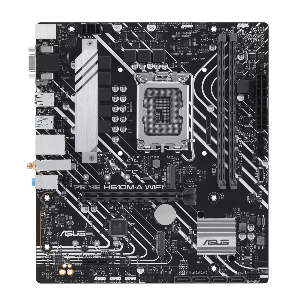 ASUS PRIME H610M-A WIFI Intel® H610 (LGA 1700) mATX motherboard with DDR5,PCIe 4.0, dual M.2 slots, Intel® 1Gb Ethernet, WIFI 5, DisplayPort, HDMI™, VGA, USB 3.2 Gen 2 ports, Addressable Gen 2 Headers