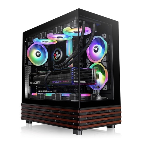 Thermaltake View 270 Plus WS ARGB Mid Tower Chassis, Stylish Wood Element Accents, Dual Tempered Glass Panels (Front & Left), Two Pre-installed 120mm ARGB Lite Reverse Fans, Black