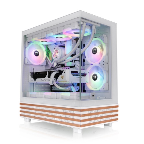 Thermaltake View 270 Plus WS ARGB Mid Tower Chassis, Stylish Wood Element Accents, Dual Tempered Glass Panels (Front & Left), Two Pre-installed 120mm ARGB Lite Reverse Fans, White