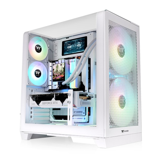 Thermaltake View 390 Air Mid Tower Chassis, Curved Tempered Glass Side & Top Panel, Optional 6” LCD Screen Kit Compatible, Perforated Front Panel for High Airflow, White