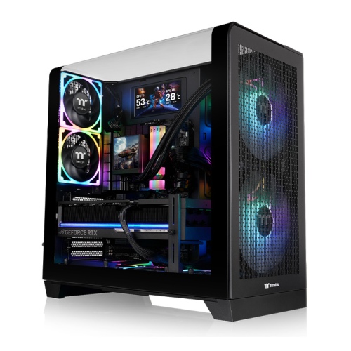 Thermaltake View 390 Air Mid Tower Chassis, Curved Tempered Glass Side & Top Panel, Optional 6” LCD Screen Kit Compatible, Perforated Front Panel for High Airflow, Black
