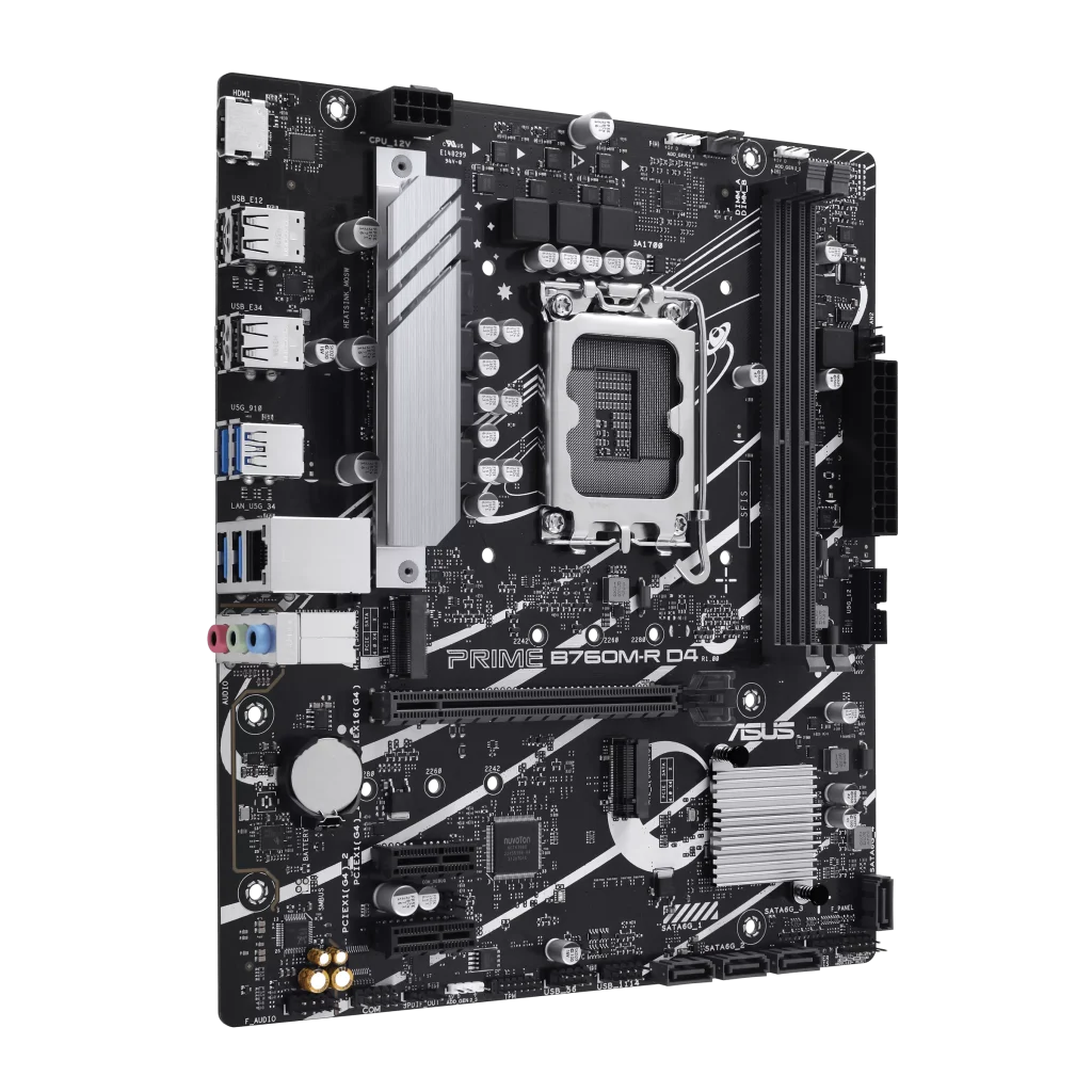 ASUS PRIME B760M-R D4 Intel® B760 LGA 1700 Micro-ATX Motherboard with PCIe 4.0, two PCIe 4.0 M.2 slots, DDR4, Realtek 2.5Gb Ethernet, HDMI™, SATA 6 Gbps, front USB 5Gbps ports, Aura Sync