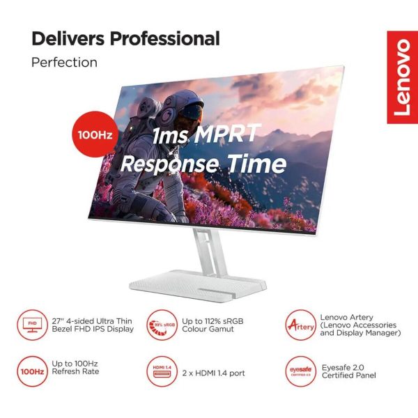 Lenovo L27i-4A 27" Monitor, IPS panel, 100Hz refresh rate, 1ms MPRT Response Time, 99% sRGB color coverage, Silver - Image 2