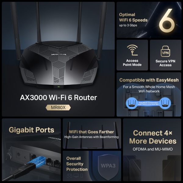 Mercusys MR80X AX3000 Dual-Band Wi-Fi 6 Router, Black - Image 4