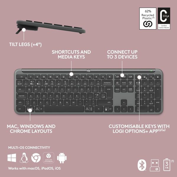 Logitech Signature Slim K950 Wireless Keyboard, Sleek Design, Switch Typing Between Devices, Quiet Typing, Bluetooth, Multi-OS, Windows, Mac, Chrome, Arabic Layout - Graphite, 920-012468 - Image 7