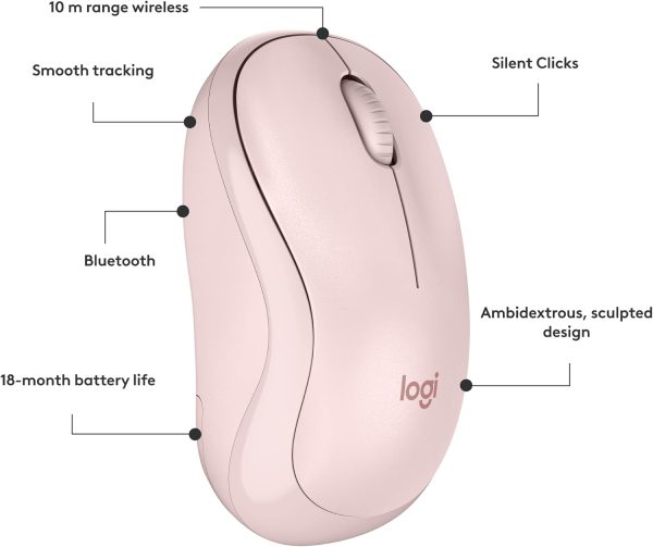 Logitech M240 Silent Bluetooth Mouse, Wireless, Compact, Portable, Smooth Tracking, 18-Month Battery, for Windows, macOS, ChromeOS, Compatible with PC, Mac, Laptop, Tablets - Rose, 910-007121 - Image 8