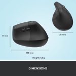 Logitech Lift Vertical Ergonomic Mouse, Wireless, Bluetooth or Logi Bolt USB receiver, Quiet clicks, 4 buttons, compatible with Windows/macOS/iPadOS, Laptop, PC - Graphite, 910-006473 - Image 4