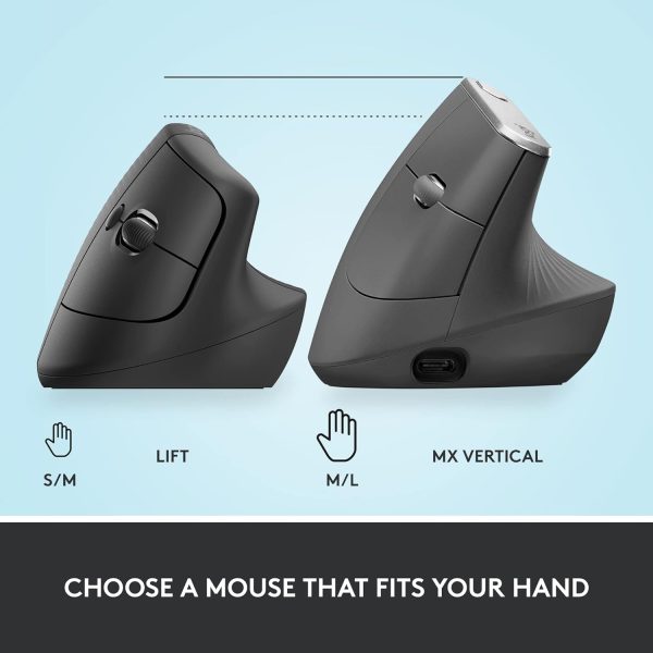 Logitech Lift Vertical Ergonomic Mouse, Wireless, Bluetooth or Logi Bolt USB receiver, Quiet clicks, 4 buttons, compatible with Windows/macOS/iPadOS, Laptop, PC - Graphite, 910-006473 - Image 10
