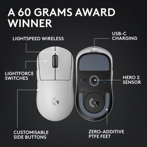 Logitech G PRO X Superlight 2 Lightspeed Wireless Gaming Mouse, Lightweight, LIGHTFORCE Hybrid Switches, Hero 2 Sensor, 32,000 DPI, 5 Programmable Buttons, USB-C Charging, PC & Mac, White, 910-006639 - Image 8