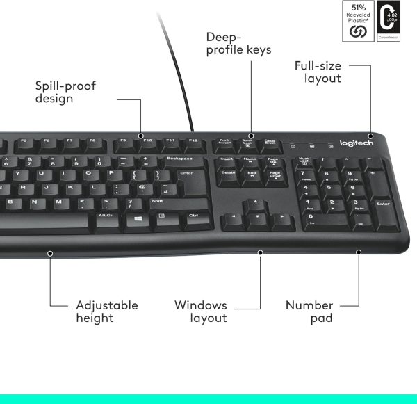 Logitech K120 Wired BUSiness Keyboard For Windows Or Linux, USb Plug-And-Play, Full-Size, Spill Resistant, Curved Space Bar, Pc / Laptop, English/Arabic Layout - Black, 920-002495 - Image 7