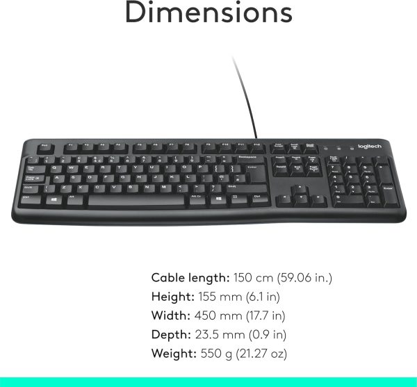Logitech K120 Wired BUSiness Keyboard For Windows Or Linux, USb Plug-And-Play, Full-Size, Spill Resistant, Curved Space Bar, Pc / Laptop, English/Arabic Layout - Black, 920-002495 - Image 8