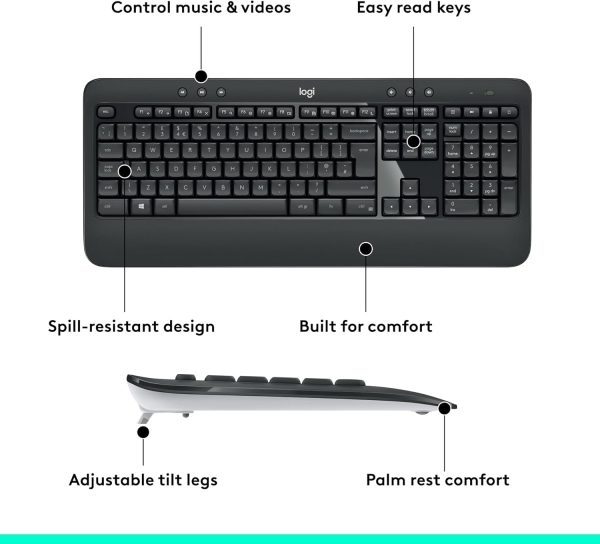 Logitech MK540 Advanced Wireless Keyboard and Mouse Combo for Windows, 2.4 GHz Unifying USB-Receiver, Multimedia Hotkeys, 3-Year Battery Life, for PC, Laptop, Arabic Layout - Black, 920-008693 - Image 5