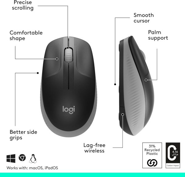 Logitech Wireless Mouse M190, Full Size Ambidextrous Curve Design, 18-Month Battery with Power Saving Mode, Precise Cursor Control and Scrolling, Wide Scroll Wheel, Scooped Buttons - Black/Mid Grey, 910-005906 - Image 6