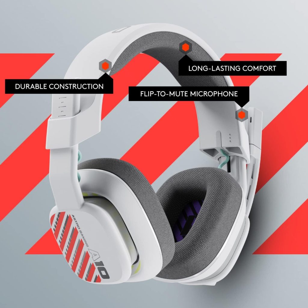 ASTRO A10 Gaming Headset Gen 2 Wired Headset – Over-ear gaming headphones with flip-to-mute microphone, 32 mm drivers, compatible with PlayStation, PC – White, 939-002064