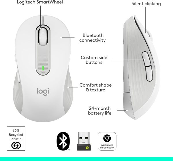 Logitech Signature M650 Wireless Mouse - For Small to Medium Sized Hands, 2-Year Battery, Silent Clicks, Customizable Side Buttons, Bluetooth, PC/Mac/Multi-Device/Chromebook - White, 910-006255 - Image 7
