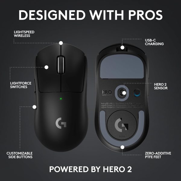 Logitech G PRO X Superlight 2 Lightspeed Wireless Gaming Mouse, Lightweight, LIGHTFORCE Hybrid Switches, Hero 2 Sensor, 32,000 DPI, 5 Programmable Buttons, USB-C Charging, PC & Mac, Black, 910-006631 - Image 6