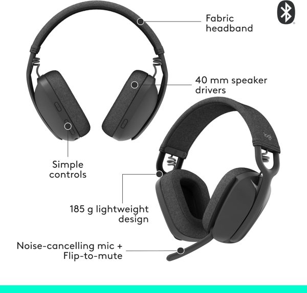 Logitech Zone Vibe 100 Lightweight Wireless Over-Ear Headphones with Noise-Cancelling Microphone, Advanced Multipoint Bluetooth Headset, Works with Teams, Google Meet, Zoom, Mac/PC - Graphite, 981-001213 - Image 8