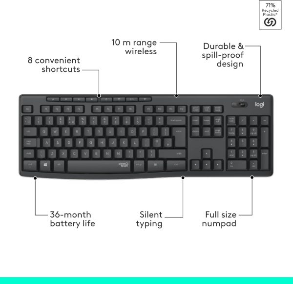 Logitech MK295 Silent Wireless Mouse & Keyboard Combo with SilentTouch Technology, Full Numpad, Advanced Optical Tracking, Lag-Free Wireless, 90% Less Noise, AR Keyboard - Graphite, 920-009801 - Image 6